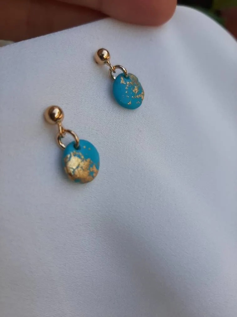 Dúil Dainty blue and gold dangling earrings || small earrings || handmade in Ireland || polymer clay earrings || lightweight earrings