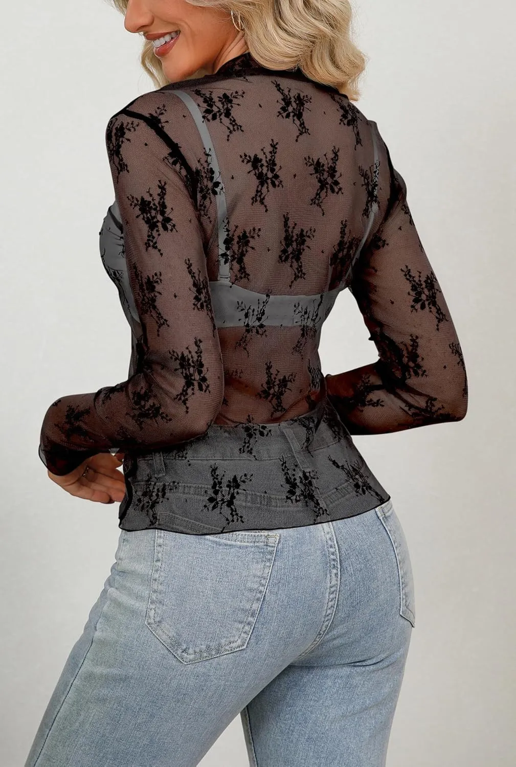Diosun Womens Mesh Sheer Tops Long/Short Sleeve Mock Neck Sexy See Through Shirts Lace Floral Blouses Y2K Layering Top