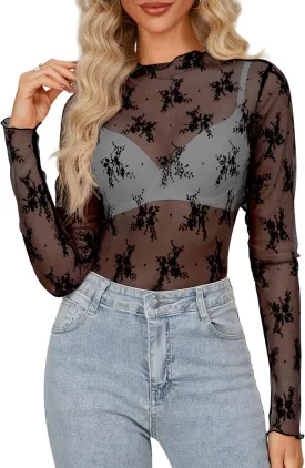 Diosun Womens Mesh Sheer Tops Long/Short Sleeve Mock Neck Sexy See Through Shirts Lace Floral Blouses Y2K Layering Top