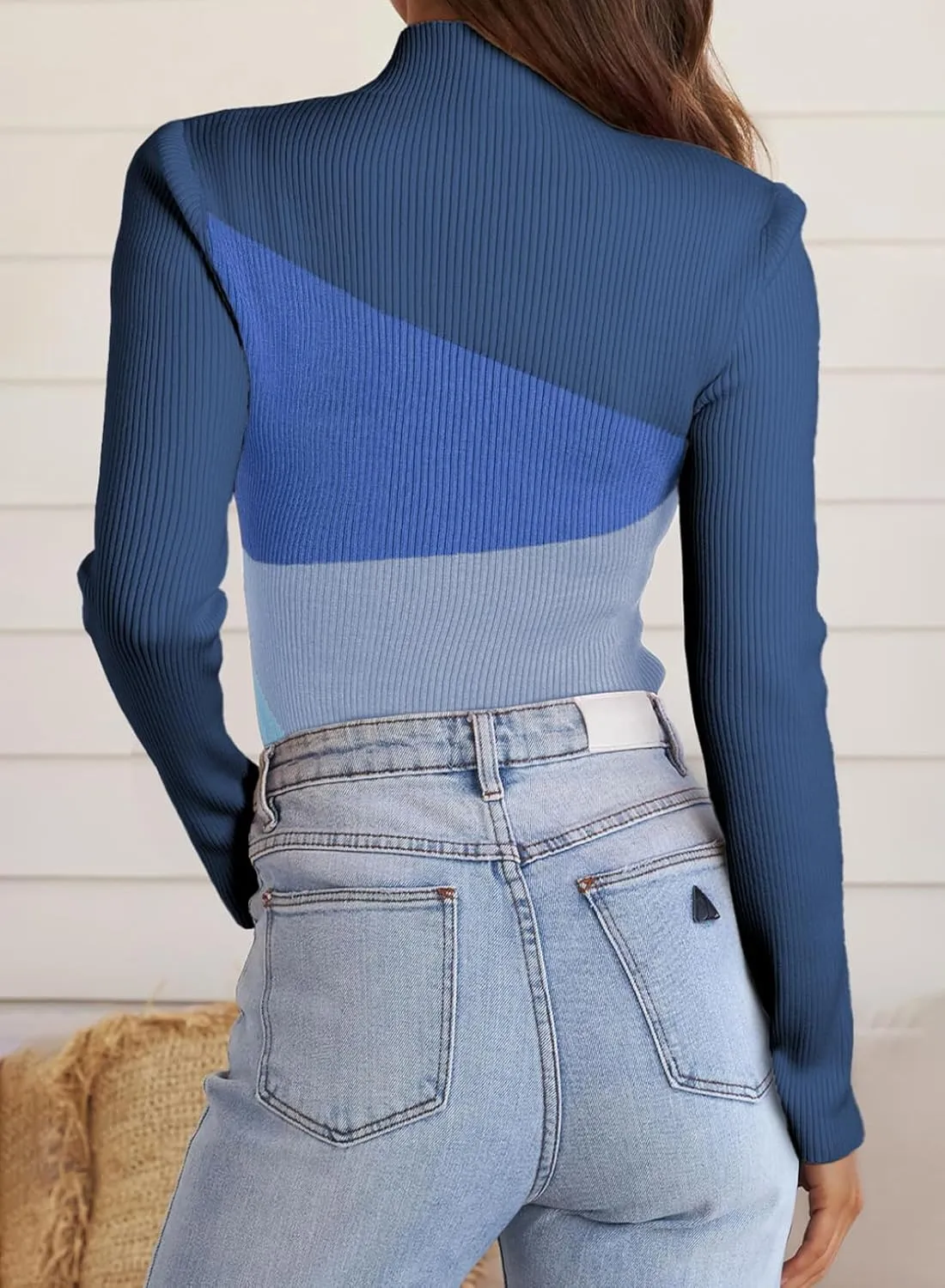 EVALESS Color Block Sweaters for Women Trendy Turtleneck Long Sleeve Fall Sweaters 2024 Ribbed Knit Slim Fit Sweater Tops