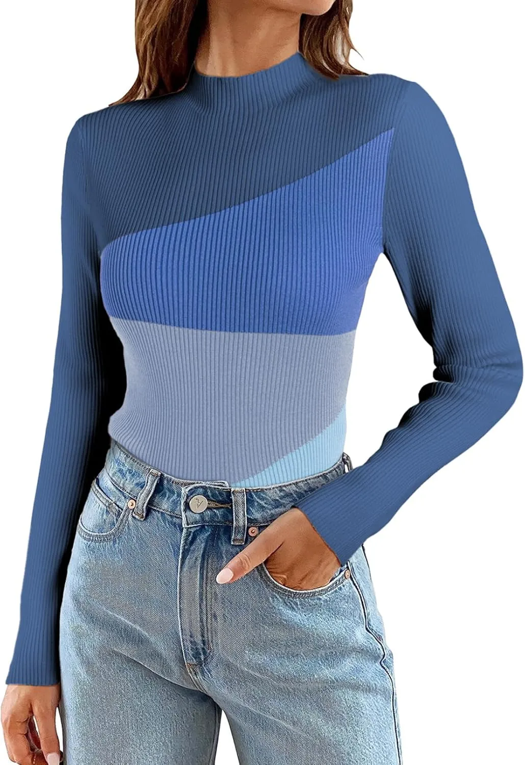 EVALESS Color Block Sweaters for Women Trendy Turtleneck Long Sleeve Fall Sweaters 2024 Ribbed Knit Slim Fit Sweater Tops