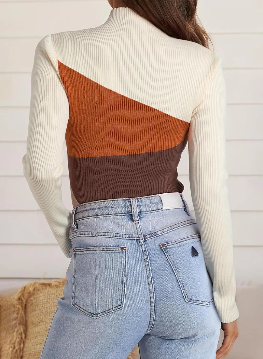 EVALESS Color Block Sweaters for Women Trendy Turtleneck Long Sleeve Fall Sweaters 2024 Ribbed Knit Slim Fit Sweater Tops