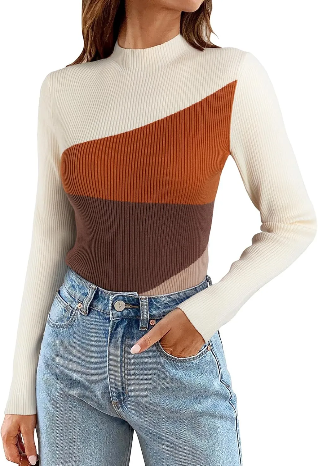 EVALESS Color Block Sweaters for Women Trendy Turtleneck Long Sleeve Fall Sweaters 2024 Ribbed Knit Slim Fit Sweater Tops