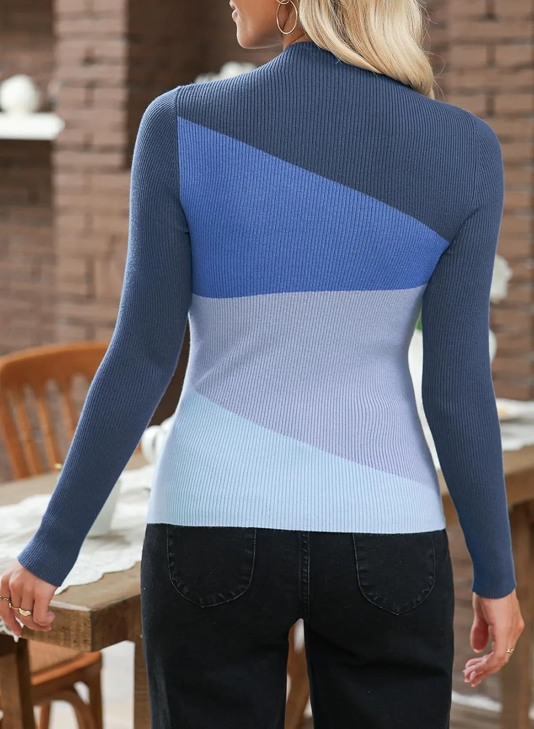 EVALESS Color Block Sweaters for Women Trendy Turtleneck Long Sleeve Fall Sweaters 2024 Ribbed Knit Slim Fit Sweater Tops