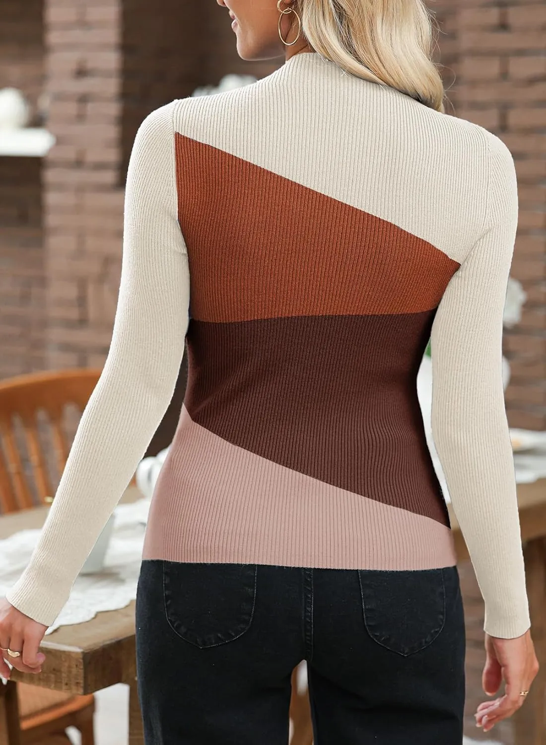 EVALESS Color Block Sweaters for Women Trendy Turtleneck Long Sleeve Fall Sweaters 2024 Ribbed Knit Slim Fit Sweater Tops