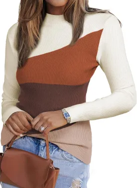 EVALESS Color Block Sweaters for Women Trendy Turtleneck Long Sleeve Fall Sweaters 2024 Ribbed Knit Slim Fit Sweater Tops