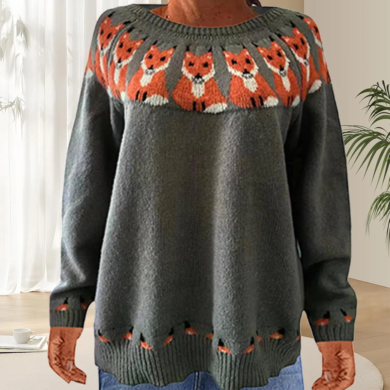 Fair Isle Sweater for Women Long Sleeve Pullover Sweaters Womens Casual Loose Fair Isle Knit Sweater Tops