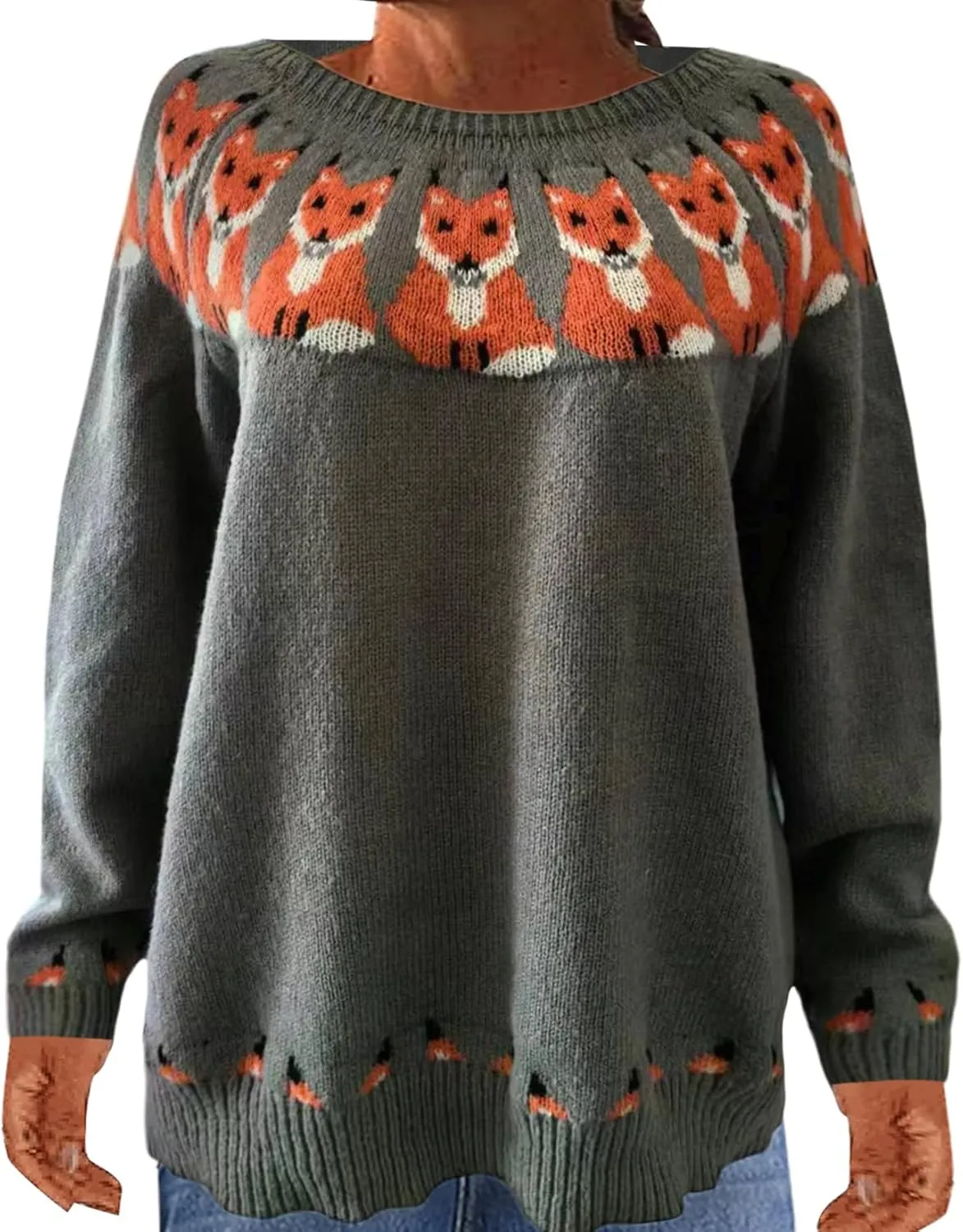 Fair Isle Sweater for Women Long Sleeve Pullover Sweaters Womens Casual Loose Fair Isle Knit Sweater Tops