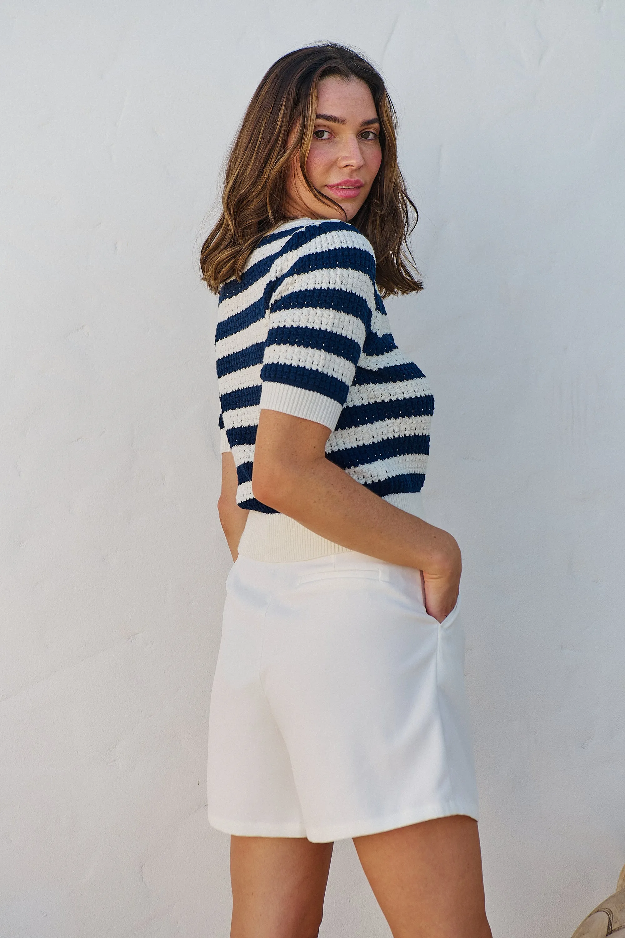 Fiona Navy/White Crop Knit Stripe Jumper