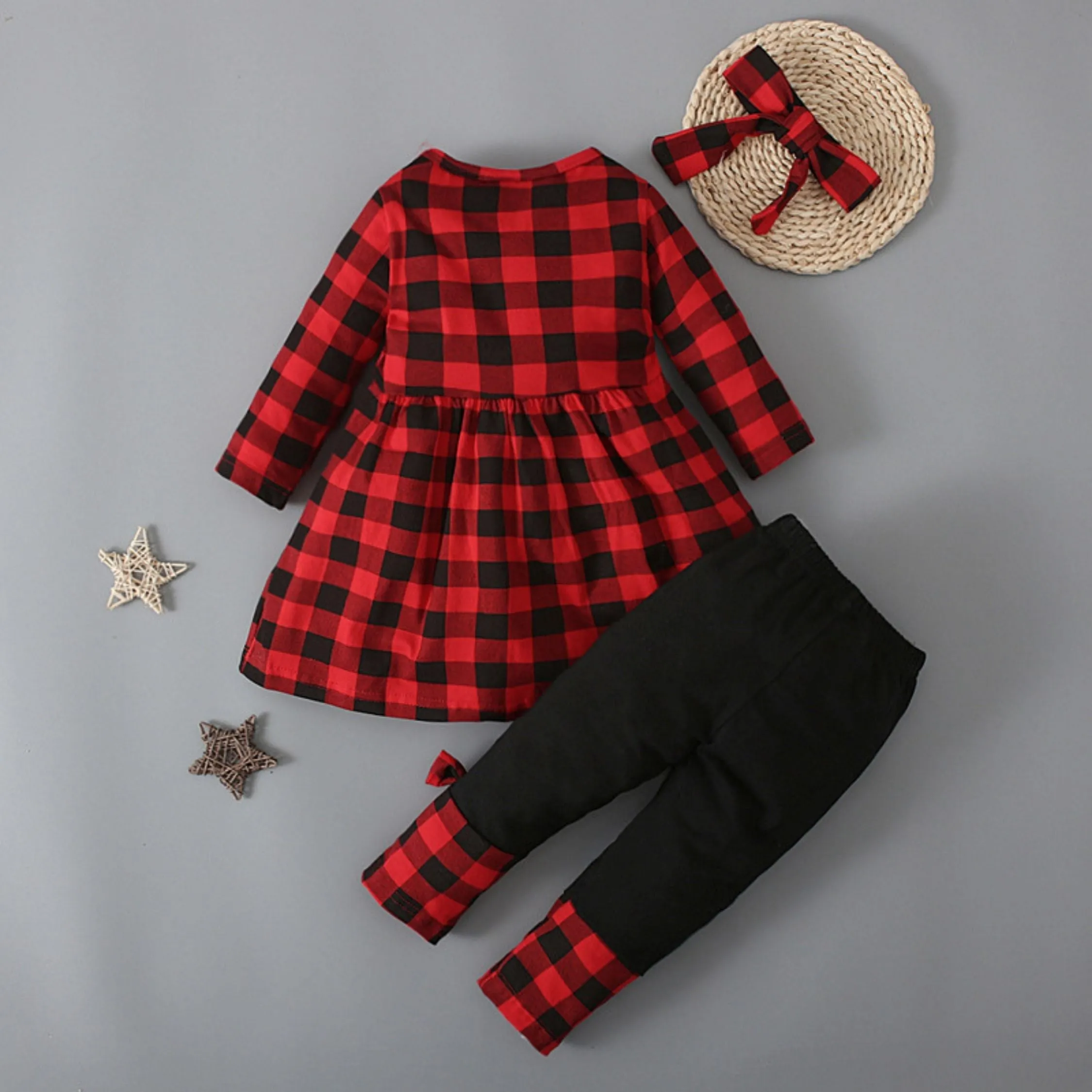 Full Sleeve Red Striped Dress & Black Trouser Girls 2 Piece Outfit Set, Red