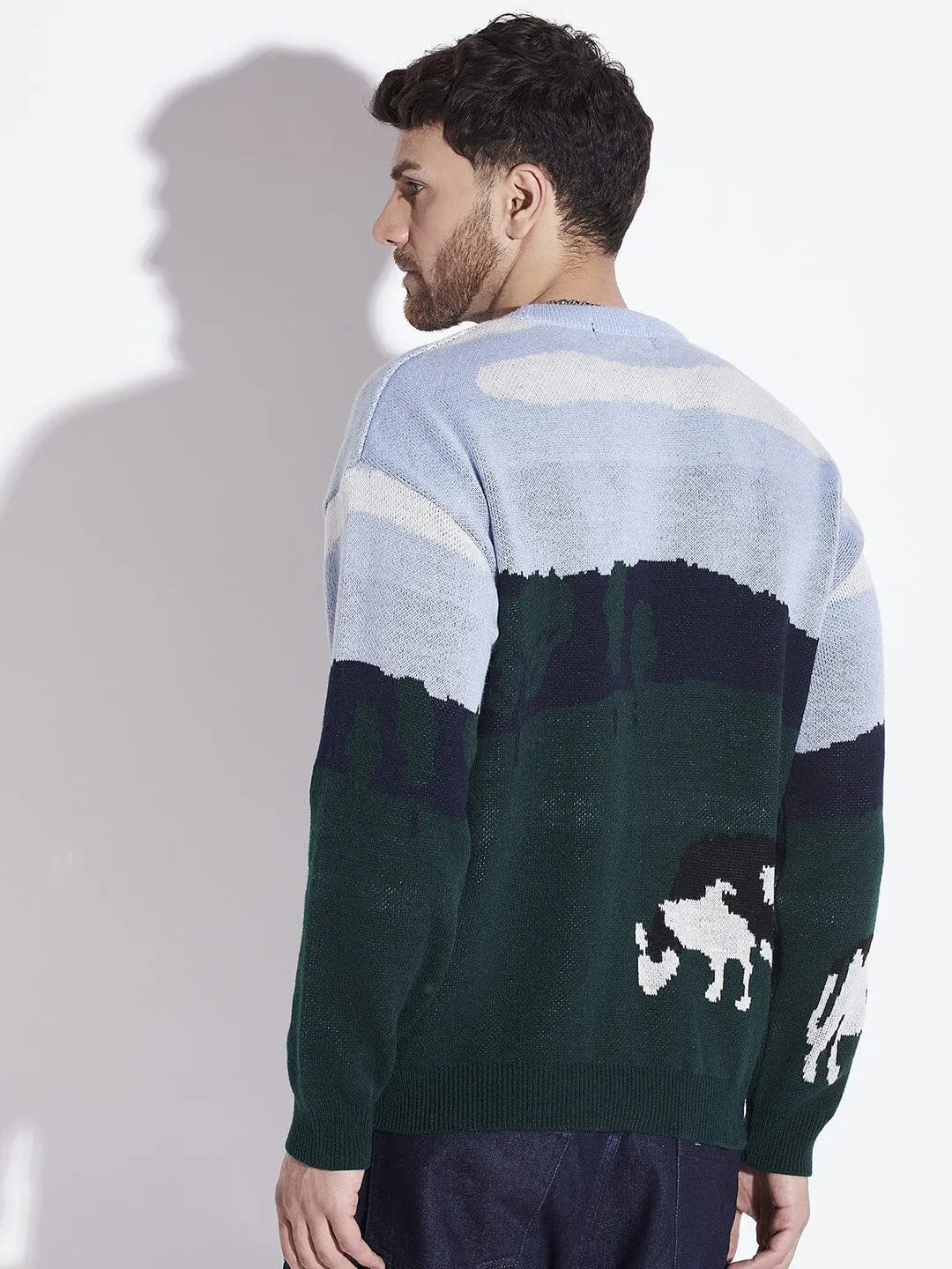 Cozy Oversized Sweater with Grazing Scene Graphic Design