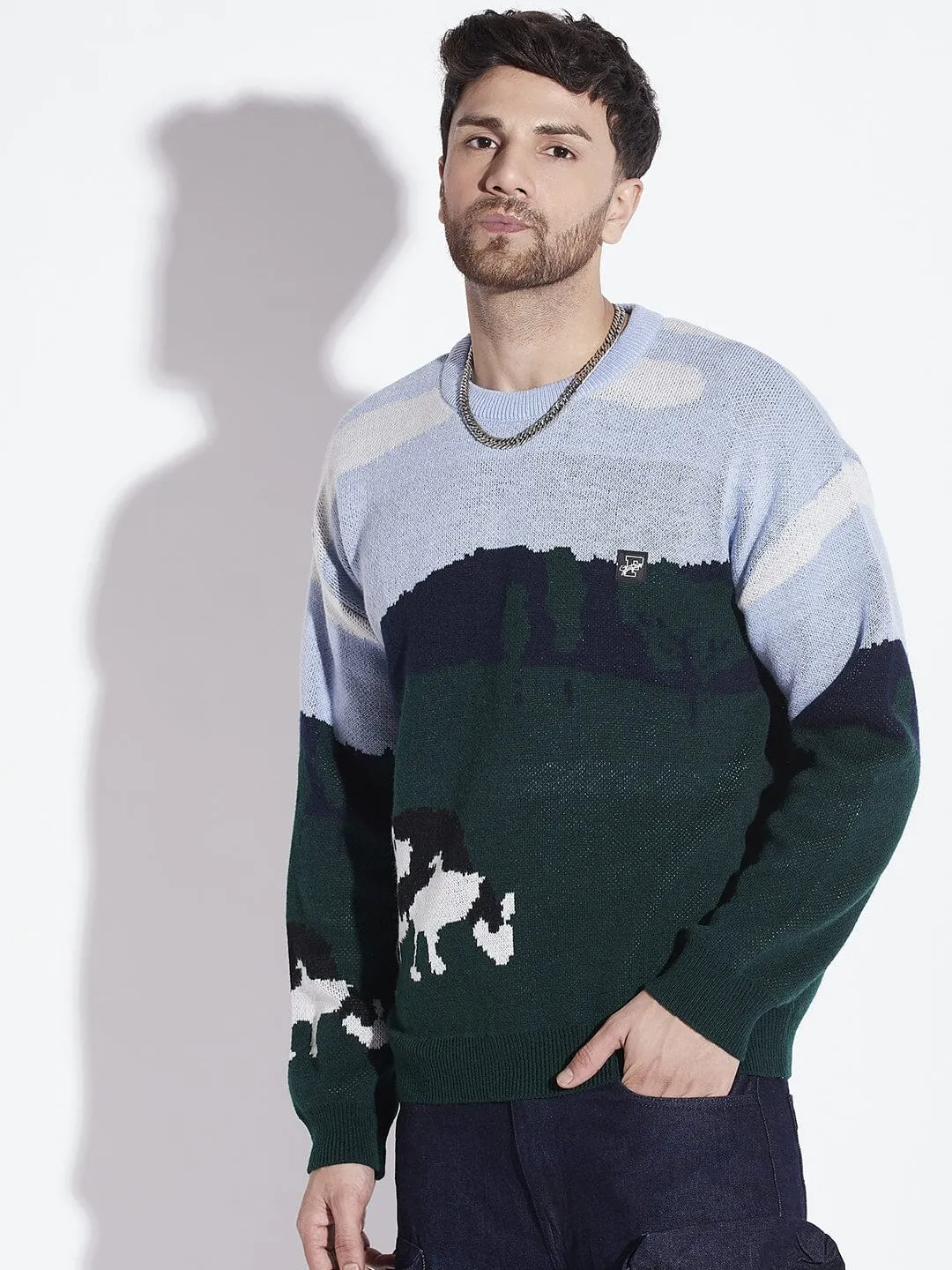 Cozy Oversized Sweater with Grazing Scene Graphic Design