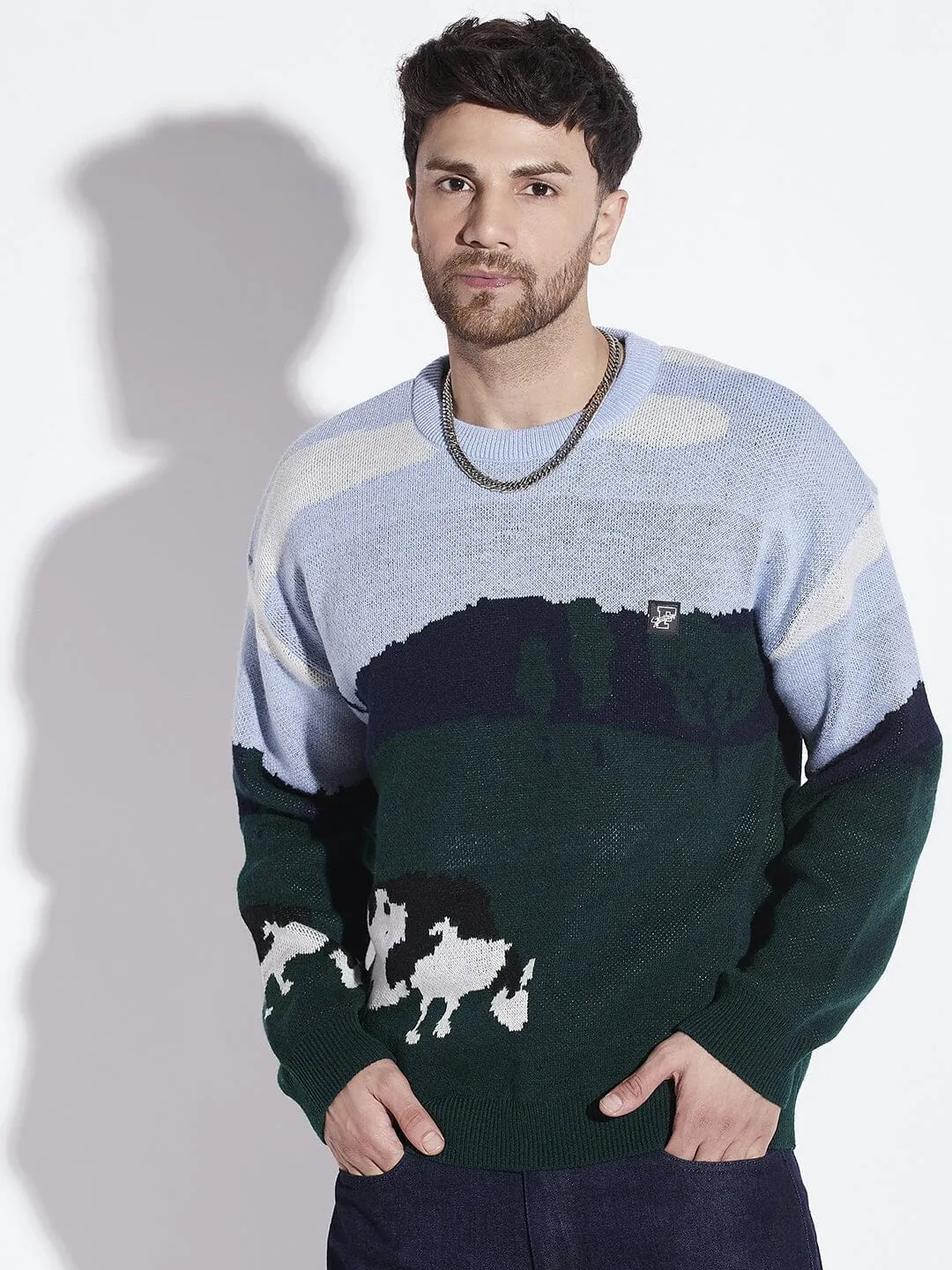 Cozy Oversized Sweater with Grazing Scene Graphic Design