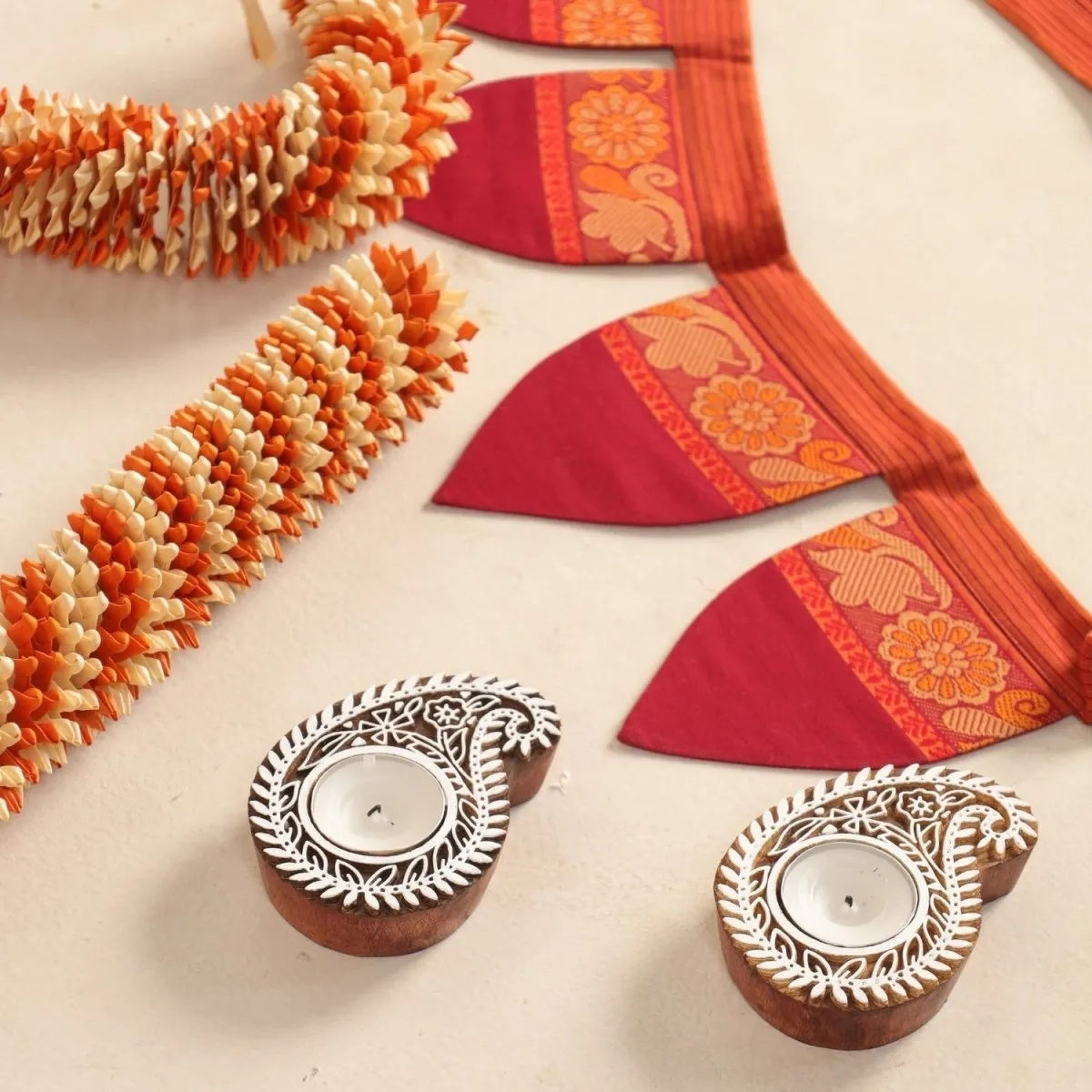 Handmade Cotton Fabric Toran, Engraved Diyas (2 pcs) with Off-white & orange festive door hangings (2pcs) Combo Set | Festive Decor Item | Handmade in India