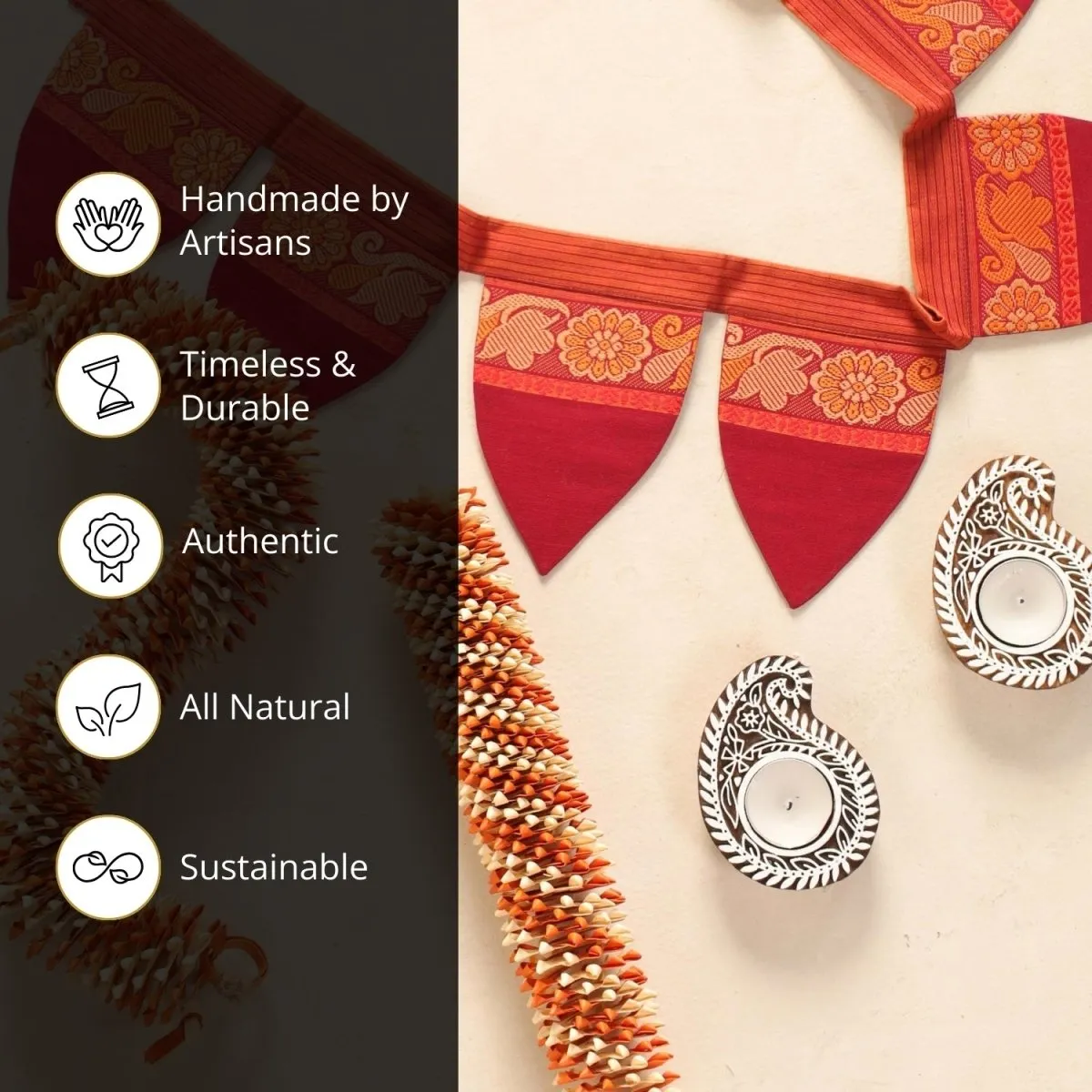 Handmade Cotton Fabric Toran, Engraved Diyas (2 pcs) with Off-white & orange festive door hangings (2pcs) Combo Set | Festive Decor Item | Handmade in India