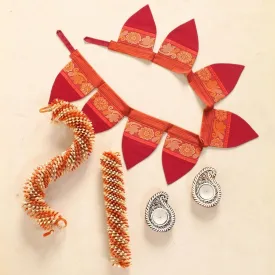 Handmade Cotton Fabric Toran, Engraved Diyas (2 pcs) with Off-white & orange festive door hangings (2pcs) Combo Set | Festive Decor Item | Handmade in India