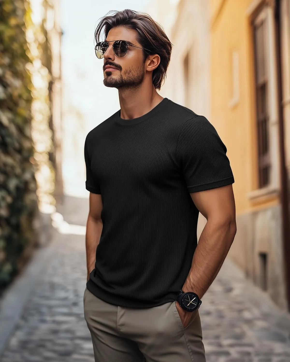 Huukeay 3 Pack Men's T-Shirts Crewneck Short Sleeve Shirts Ribbed Knit Tees Dressy Casual Tops