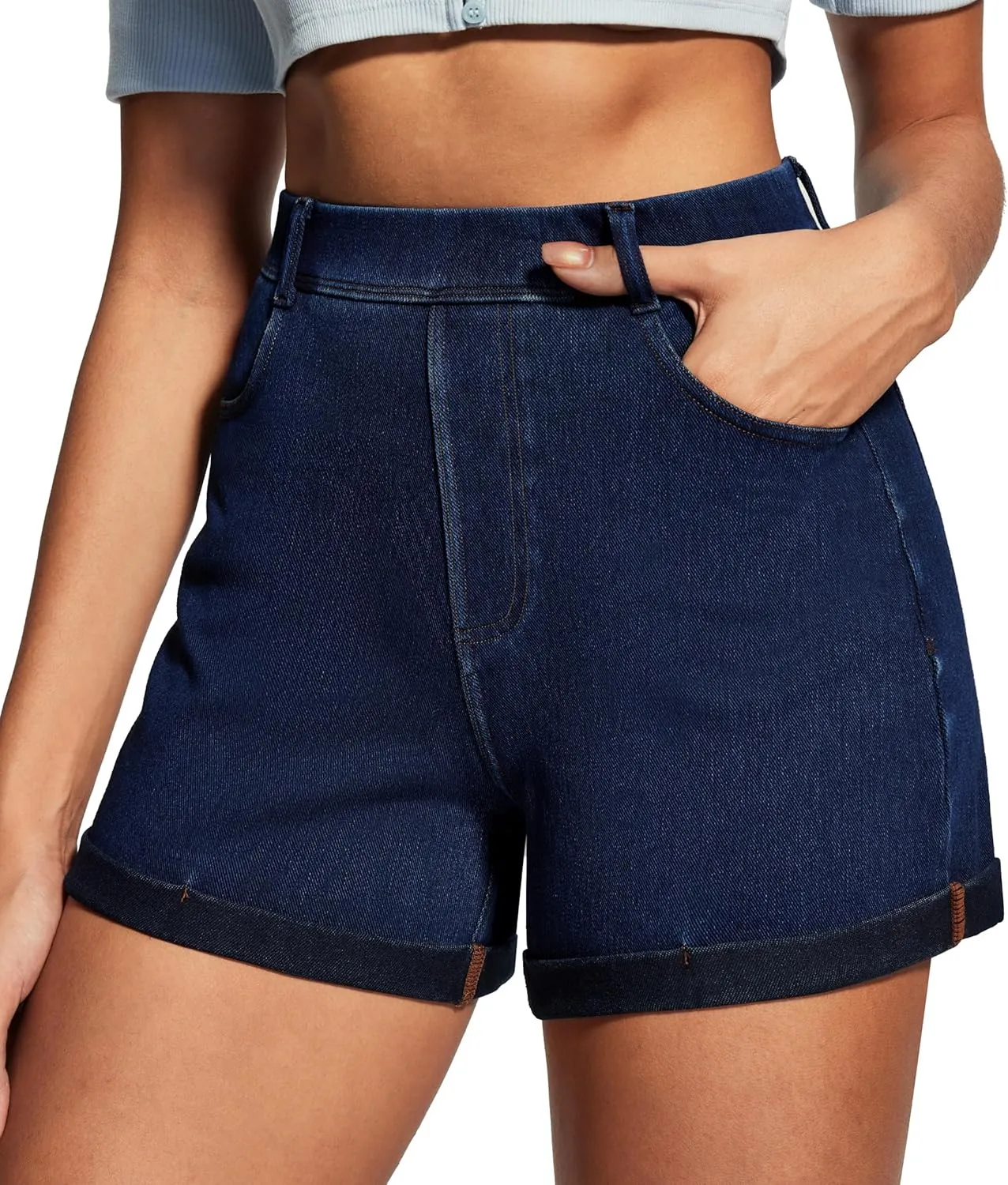 IUGA Stretchy Jorts Women Pull On Jean Shorts Womens High Waisted Folded Hem Denim Shorts Summer Casual with Pockets