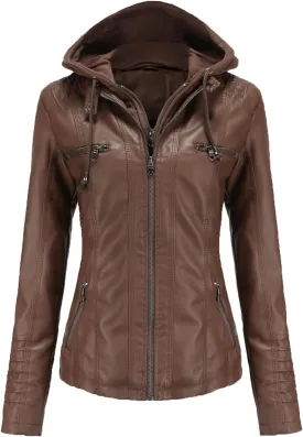 JEsilunmaMY Women's Leather Jacket with Removable Hooded Full Zip Long Sleeve Moto Biker Coat Plus Size Motorcycle Jackets