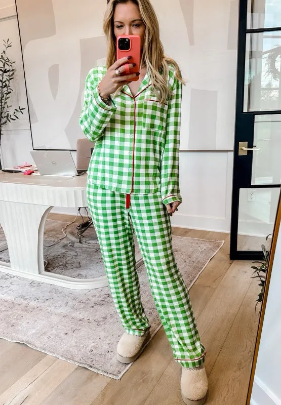 kesley christmas Plaid Collared Neck Long Sleeve Top and Pants Set pajama set