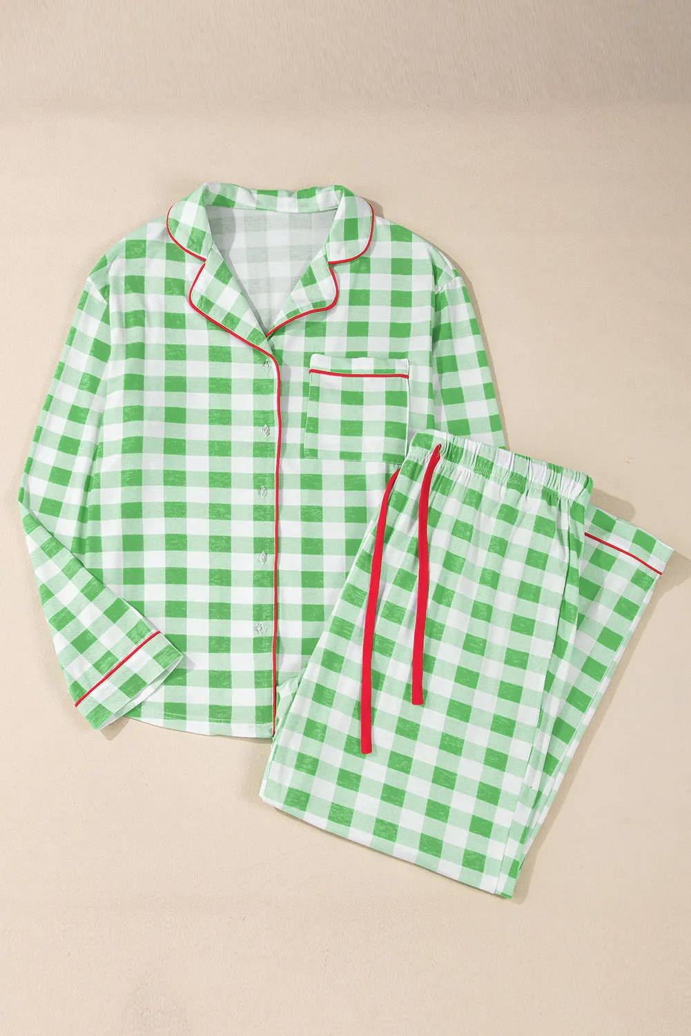 kesley christmas Plaid Collared Neck Long Sleeve Top and Pants Set pajama set