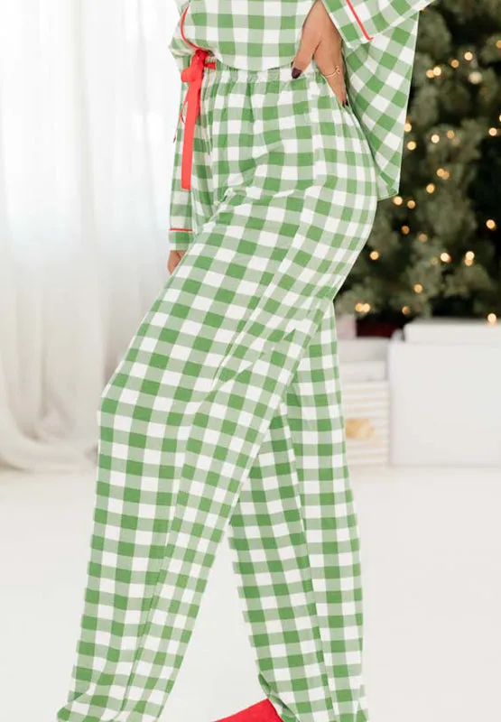 kesley christmas Plaid Collared Neck Long Sleeve Top and Pants Set pajama set