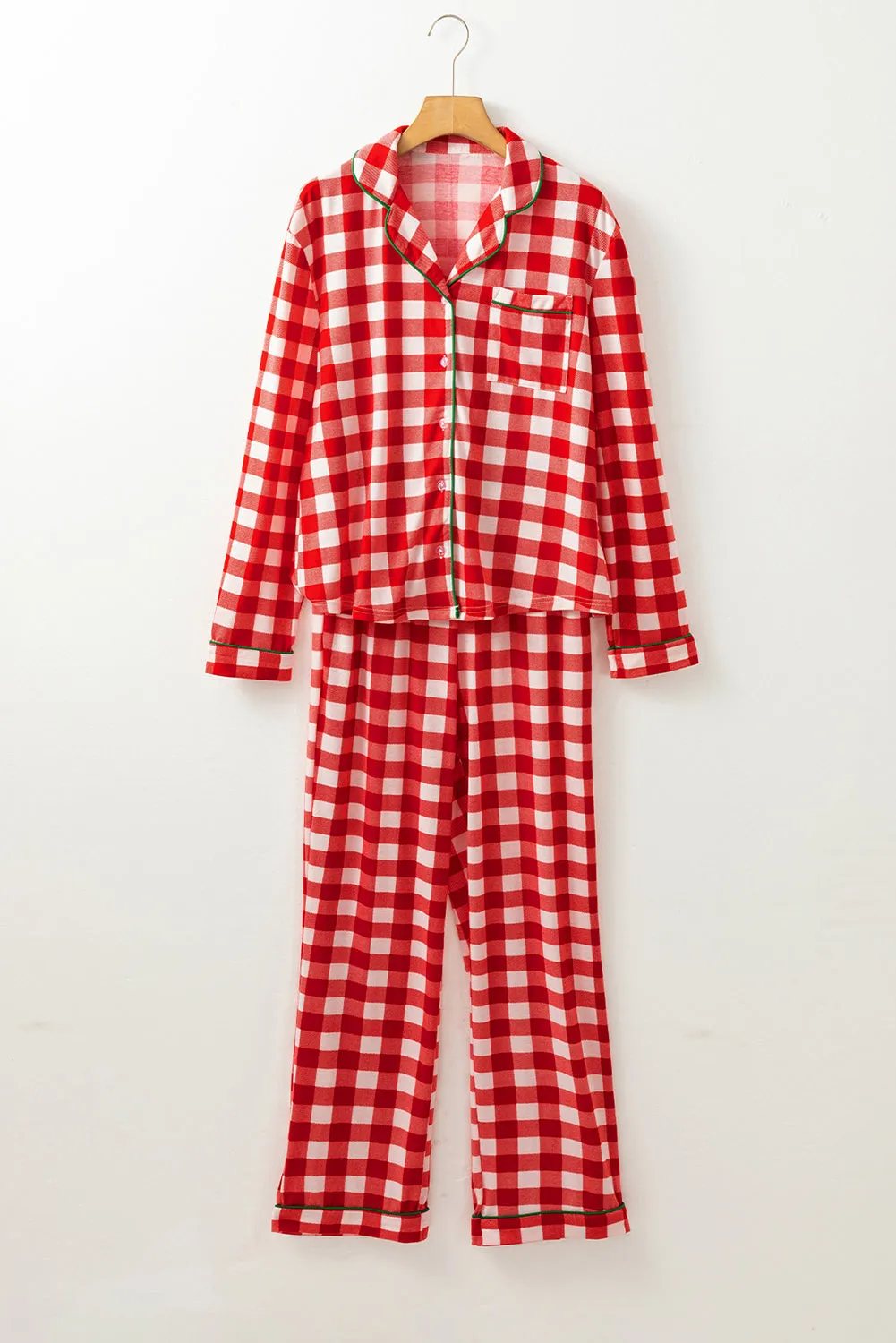 kesley christmas Plaid Collared Neck Long Sleeve Top and Pants Set pajama set