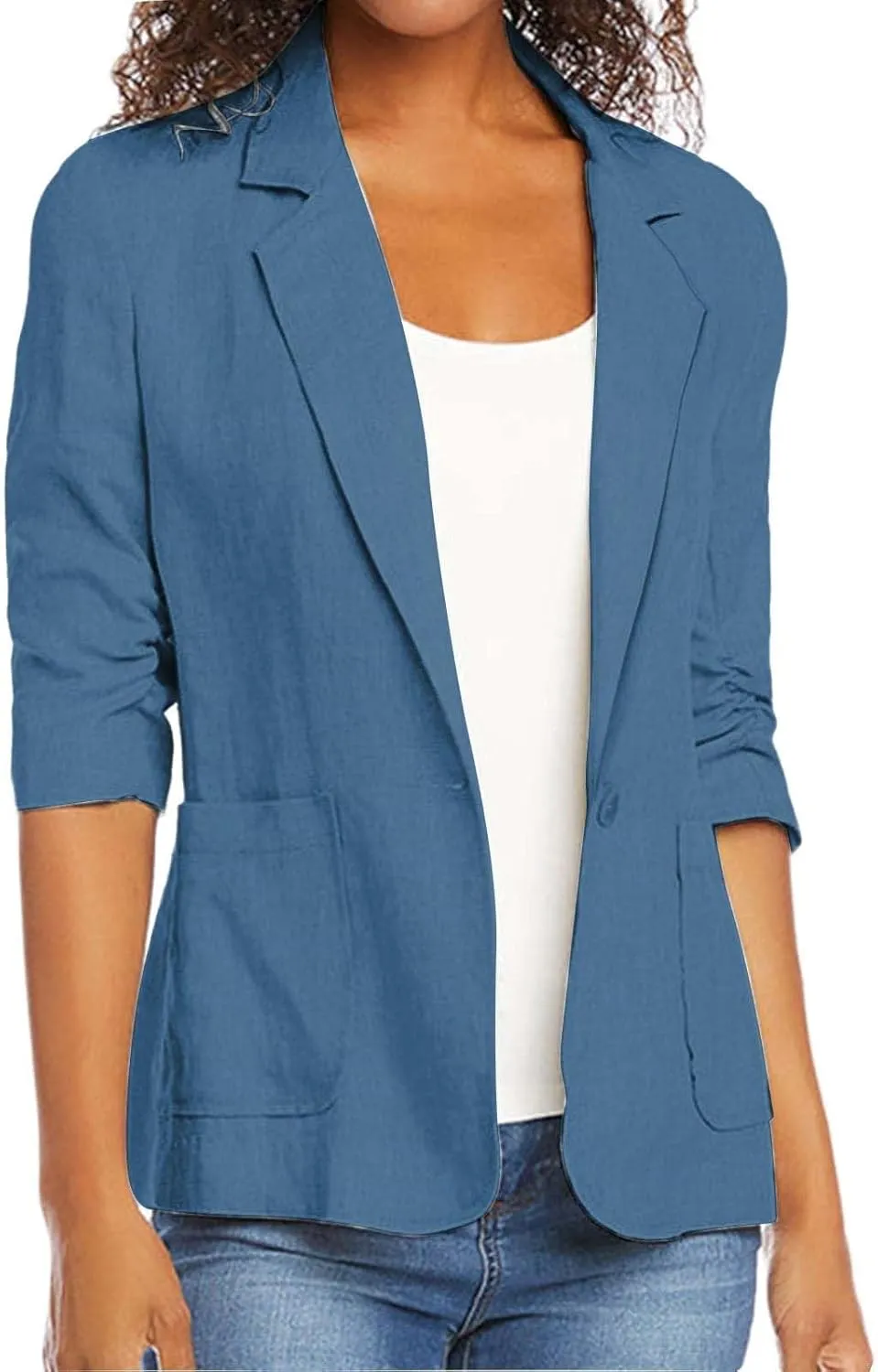 Linen Blazer Women Fall Fashion 3/4 Sleeve Open Front Business Casual Blazers Lightweight Work Office Suit Jackets