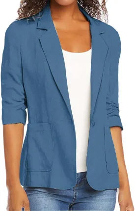Linen Blazer Women Fall Fashion 3/4 Sleeve Open Front Business Casual Blazers Lightweight Work Office Suit Jackets