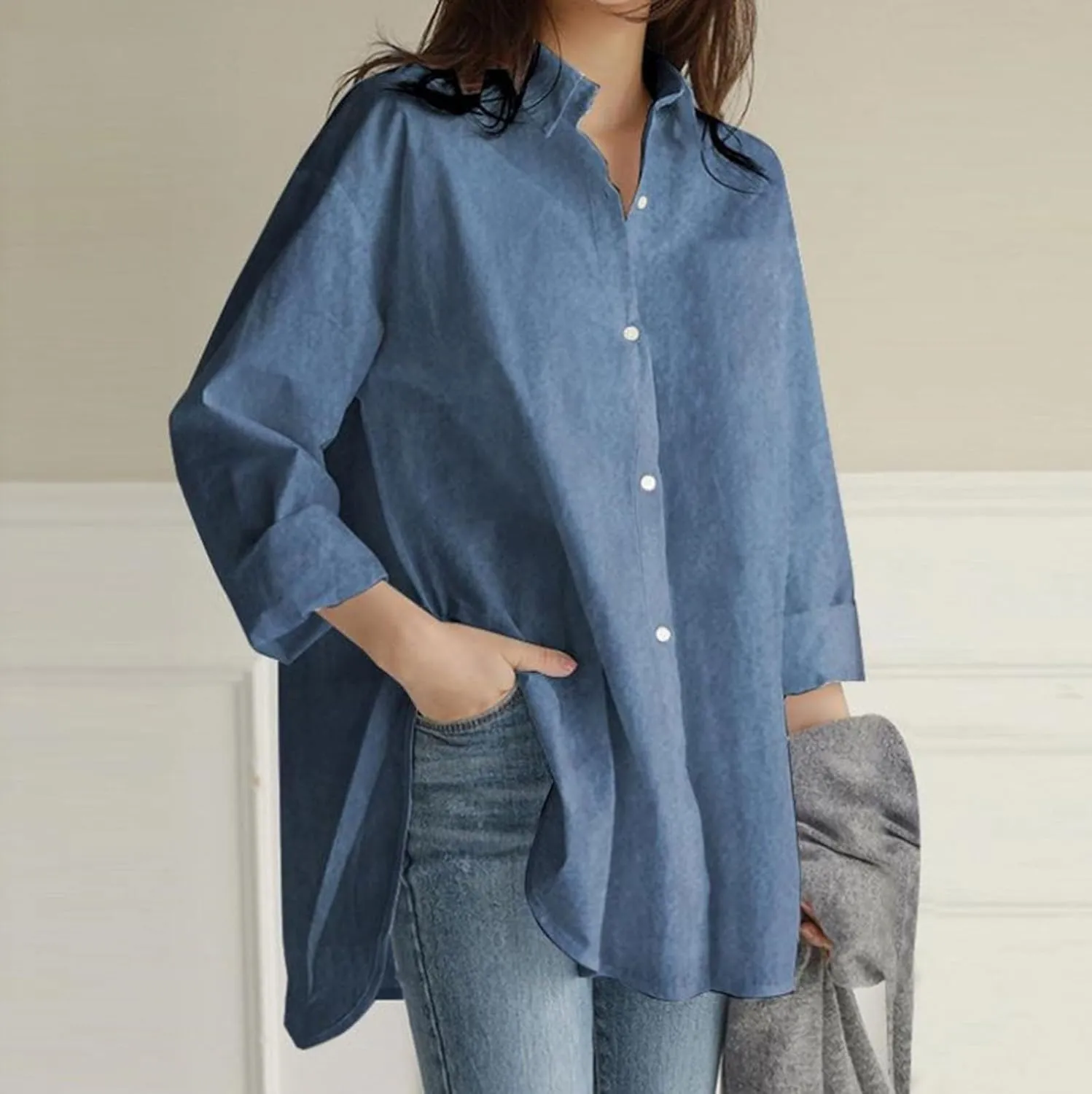 Linen Shirts for Women Casual Loose Solid Color Long Sleeve Stand Collar Shirt Beach Cover Ups for Women White Dress