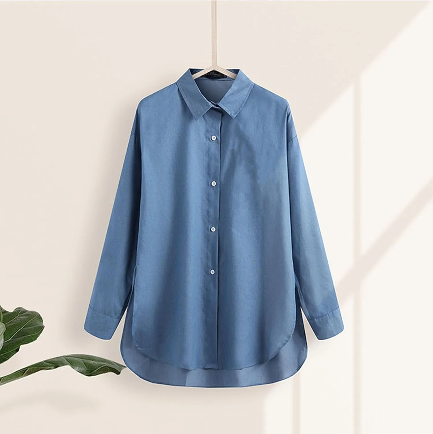 Linen Shirts for Women Casual Loose Solid Color Long Sleeve Stand Collar Shirt Beach Cover Ups for Women White Dress