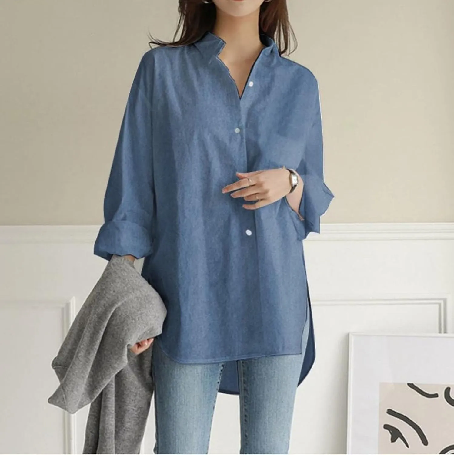 Linen Shirts for Women Casual Loose Solid Color Long Sleeve Stand Collar Shirt Beach Cover Ups for Women White Dress