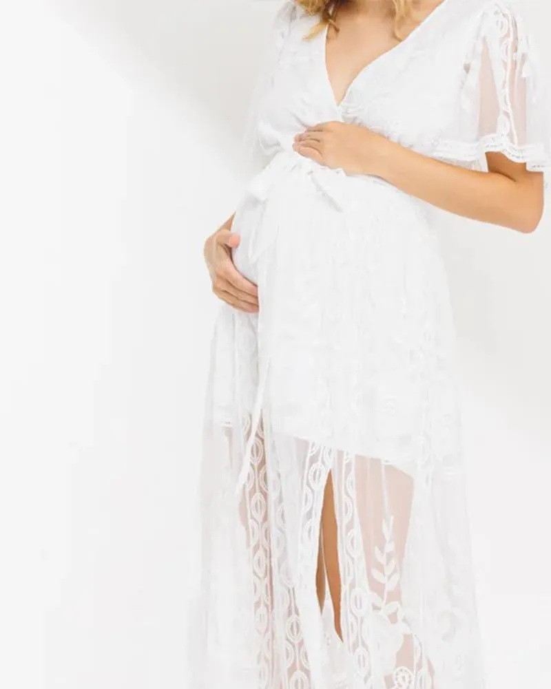 LRISES Womens V Neck Floral Embroidered Lace Wedding Maxi Dress Boho Short Sleeve Slit Bridesmaid Evening Party Dresses