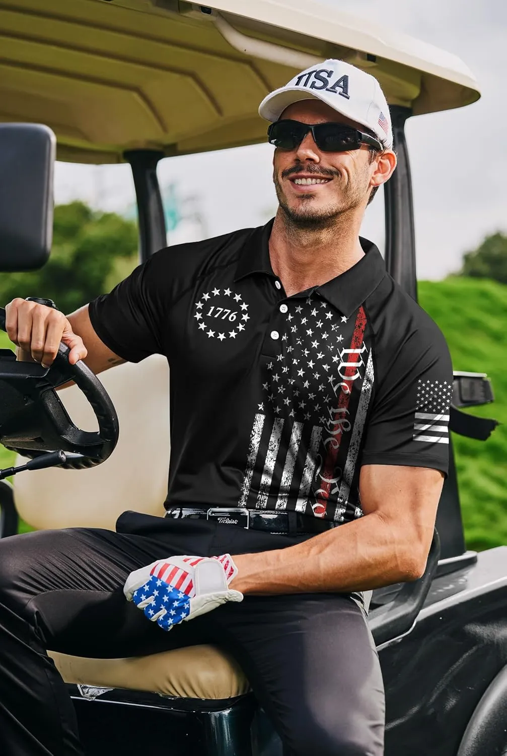 Mainfini Men's Short Sleeve Golf Shirt 1776 USA Flag Graphic Button Polo Shirt (S-3XL)