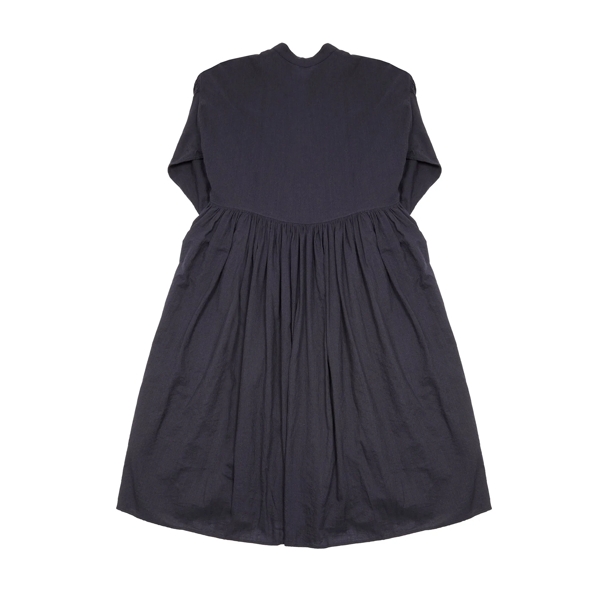 Maison De Soil Wool/Cotton/Silk Banded Collar Rajasthan Tuck Gthere Dress in Navy