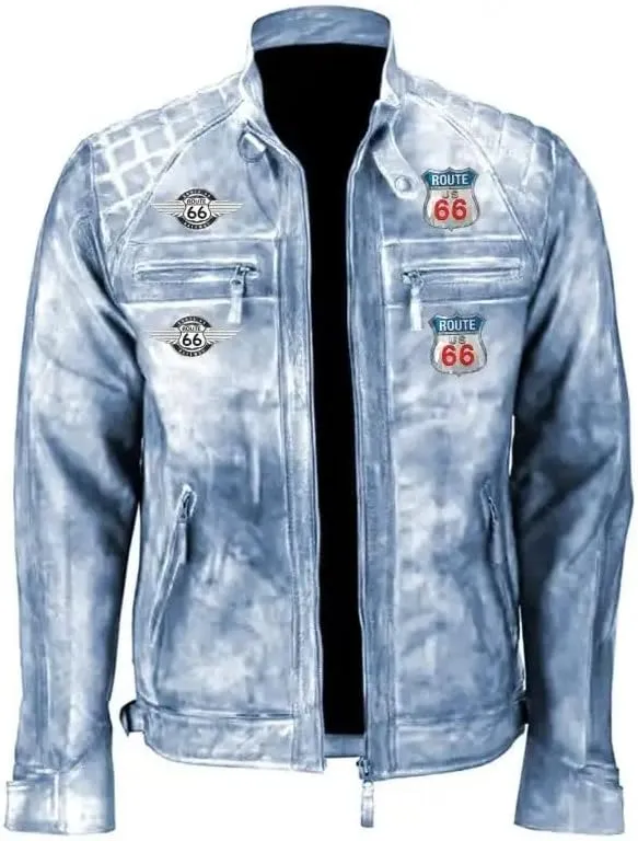 Men Blue Vintage Motorcycle Distressed Route 66 Leather Jacket