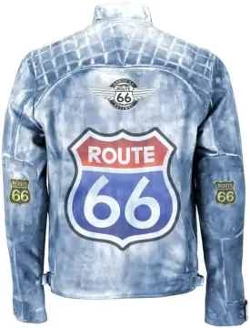 Men Blue Vintage Motorcycle Distressed Route 66 Leather Jacket