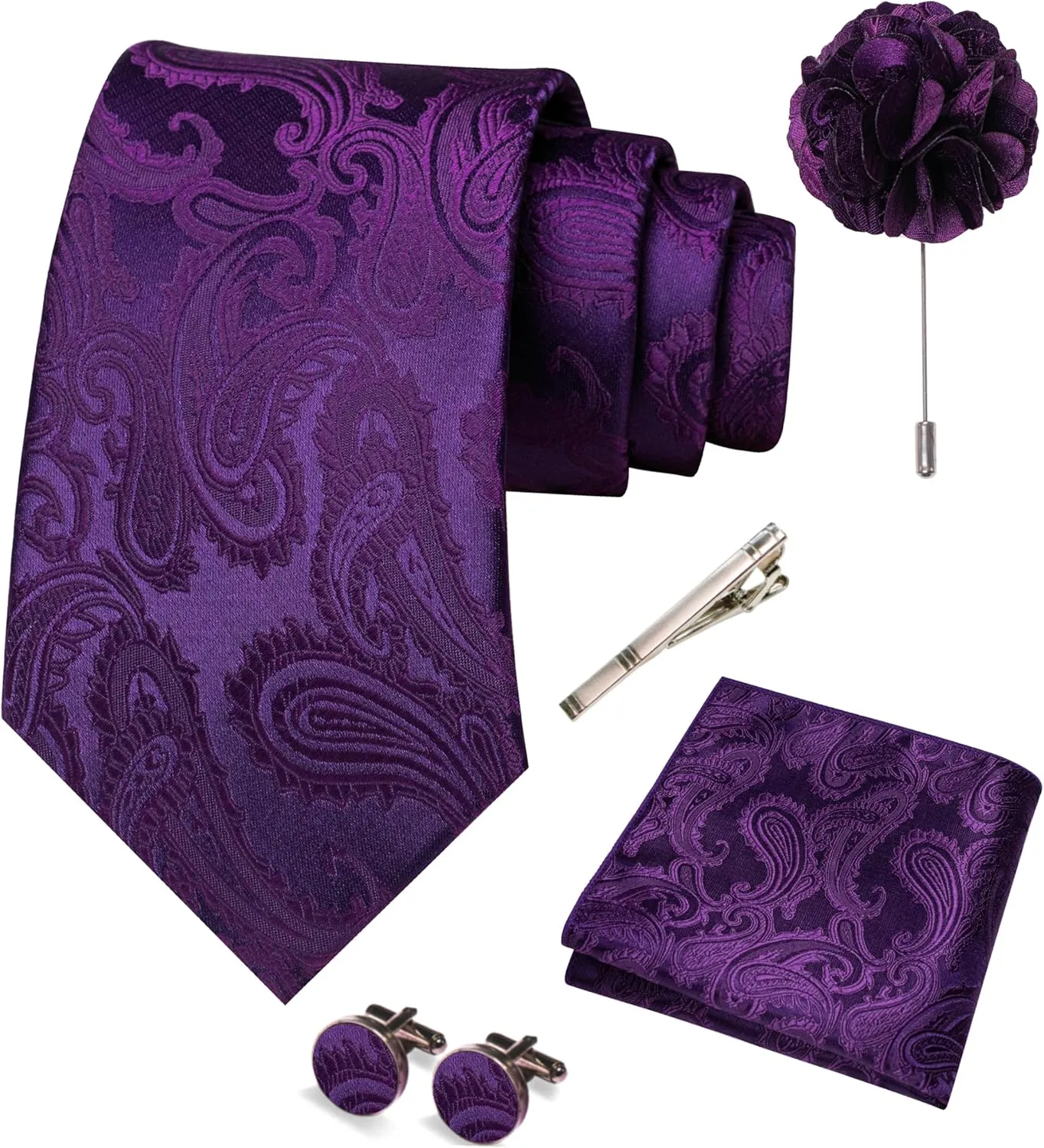 Mens Paisley Tie and Pocket Square,Lapel Pin,Cufflinks,Tie Clip Sets with Gift Box 5PCS