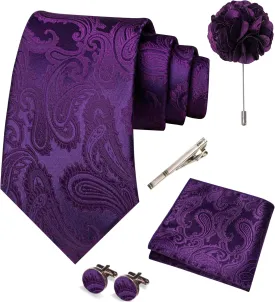 Mens Paisley Tie and Pocket Square,Lapel Pin,Cufflinks,Tie Clip Sets with Gift Box 5PCS