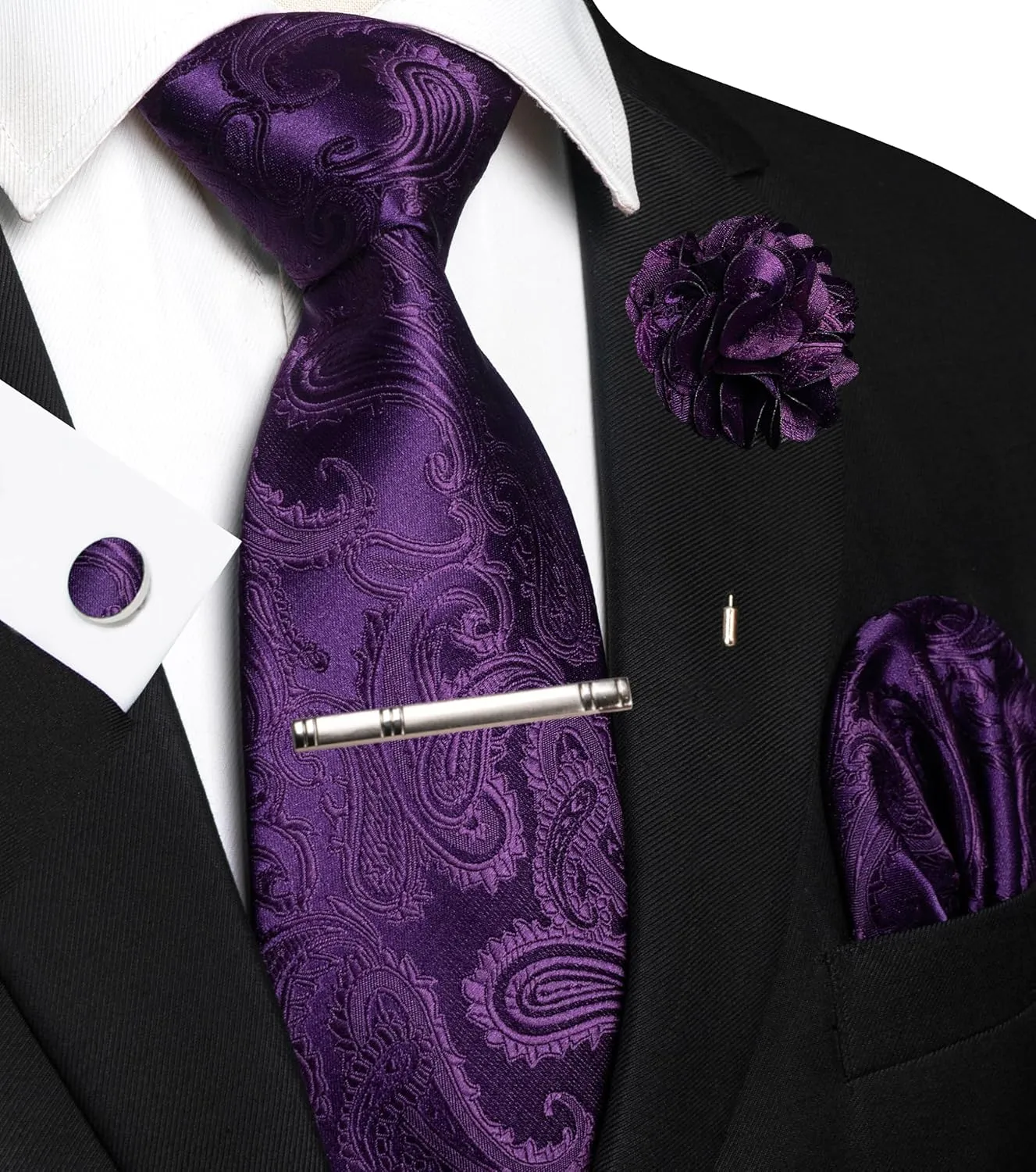 Mens Paisley Tie and Pocket Square,Lapel Pin,Cufflinks,Tie Clip Sets with Gift Box 5PCS