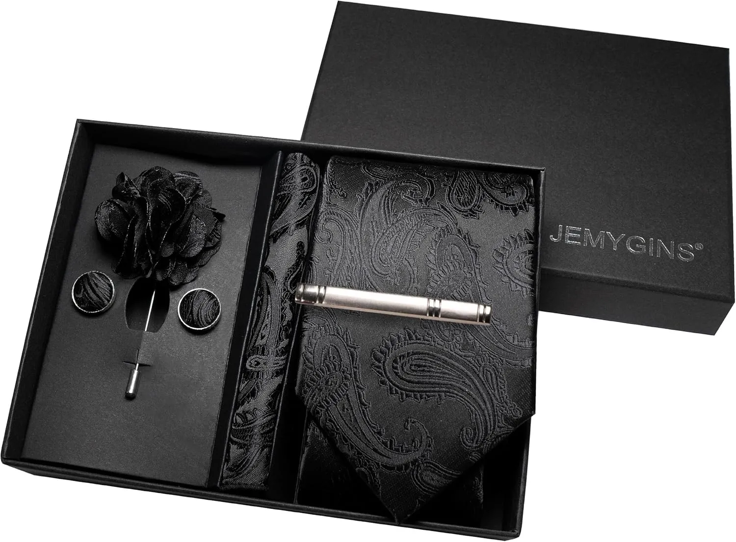 Mens Paisley Tie and Pocket Square,Lapel Pin,Cufflinks,Tie Clip Sets with Gift Box 5PCS