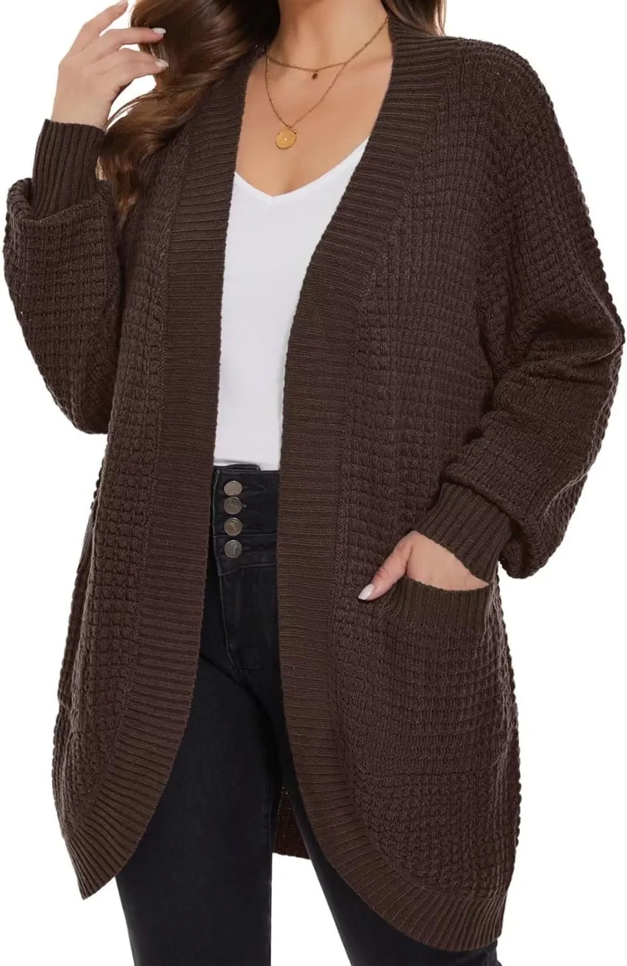 MONNURO Womens Plus Size Open Front Cardigan Waffle Knit Long Sleeve Sweaters Tops 2025 Fall Coat Outerwear with Pockets
