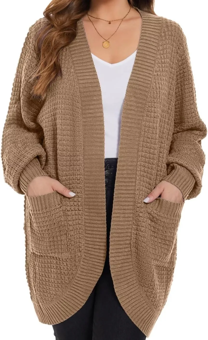 MONNURO Womens Plus Size Open Front Cardigan Waffle Knit Long Sleeve Sweaters Tops 2025 Fall Coat Outerwear with Pockets
