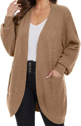 MONNURO Womens Plus Size Open Front Cardigan Waffle Knit Long Sleeve Sweaters Tops 2025 Fall Coat Outerwear with Pockets