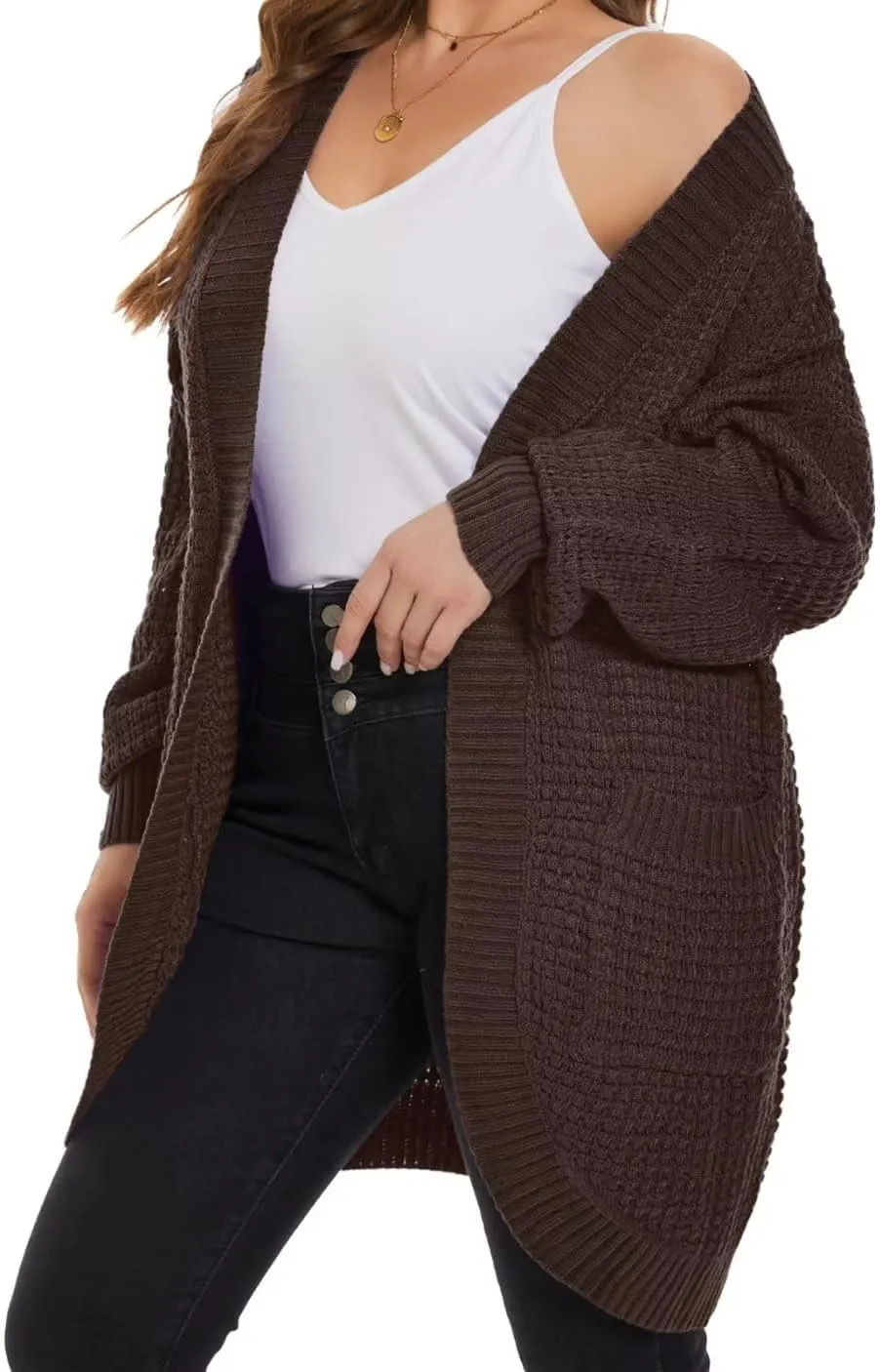 MONNURO Womens Plus Size Open Front Cardigan Waffle Knit Long Sleeve Sweaters Tops 2025 Fall Coat Outerwear with Pockets