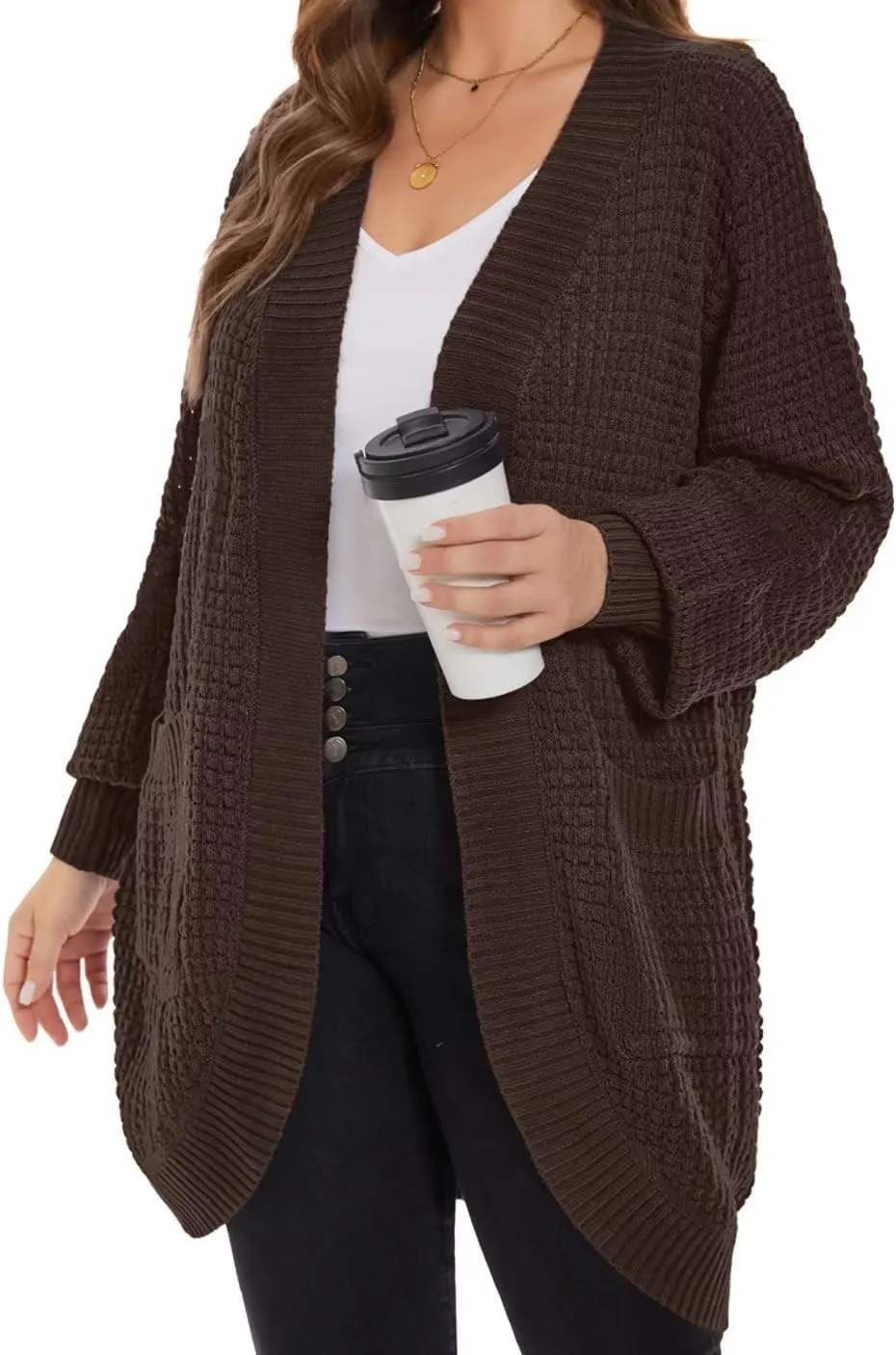 MONNURO Womens Plus Size Open Front Cardigan Waffle Knit Long Sleeve Sweaters Tops 2025 Fall Coat Outerwear with Pockets