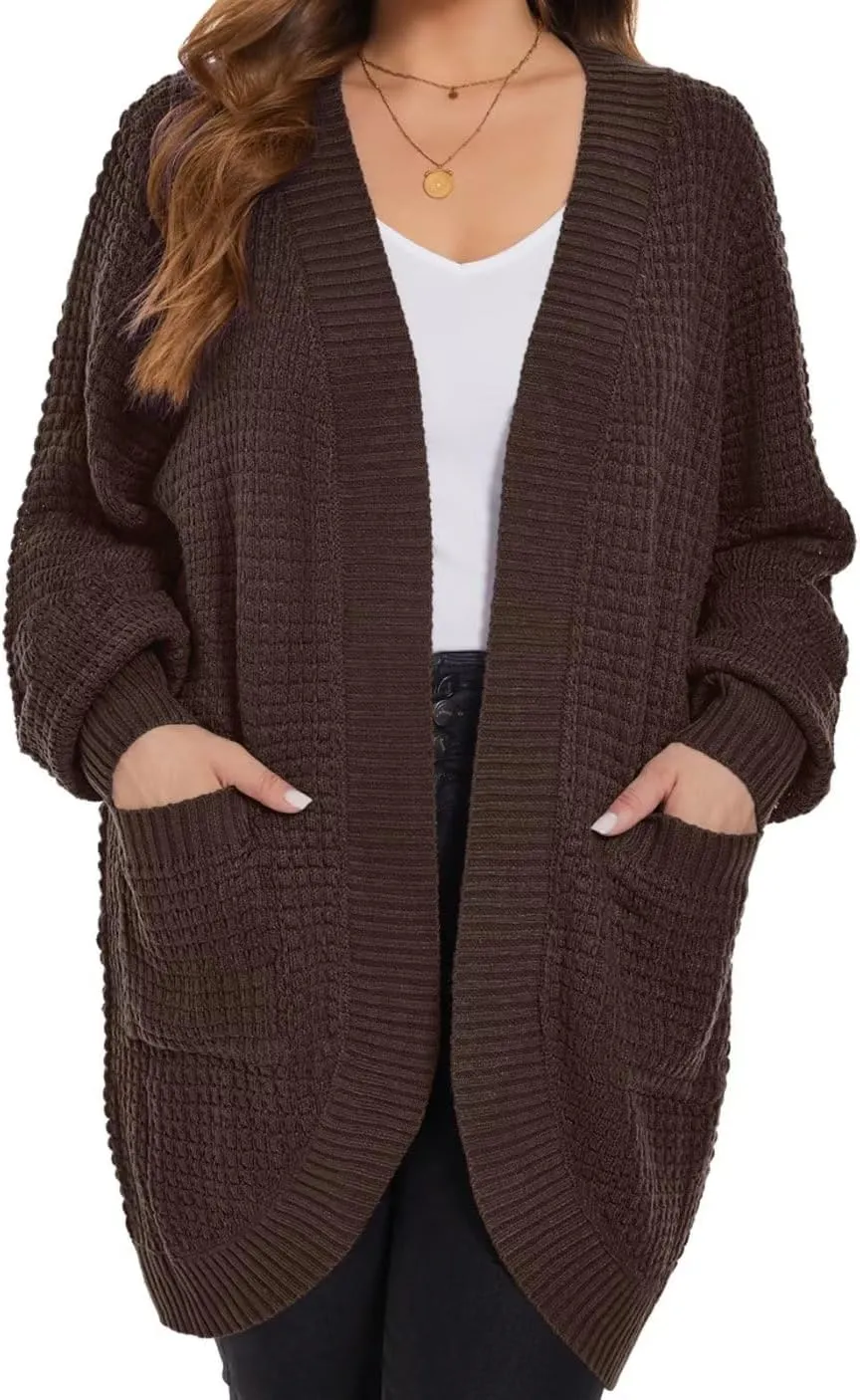 MONNURO Womens Plus Size Open Front Cardigan Waffle Knit Long Sleeve Sweaters Tops 2025 Fall Coat Outerwear with Pockets
