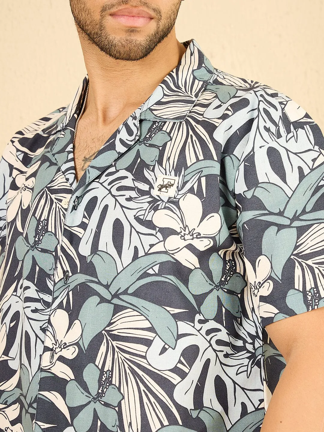Navy Floral Linen Cuban Shirt