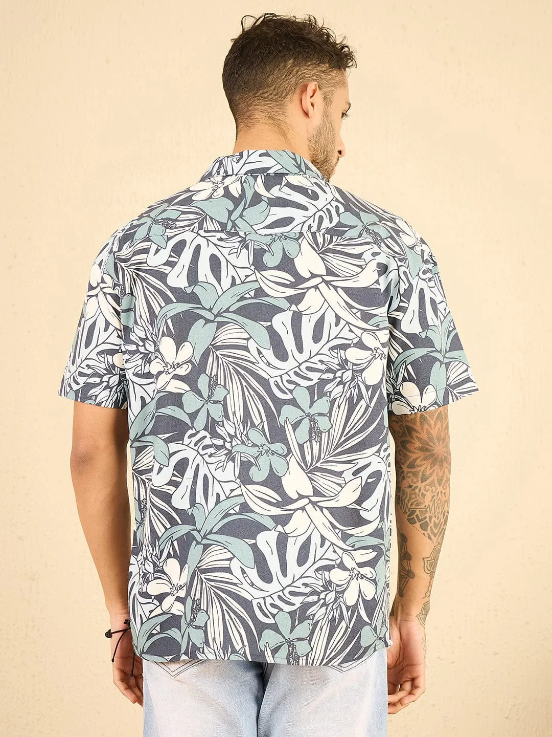 Navy Floral Linen Cuban Shirt