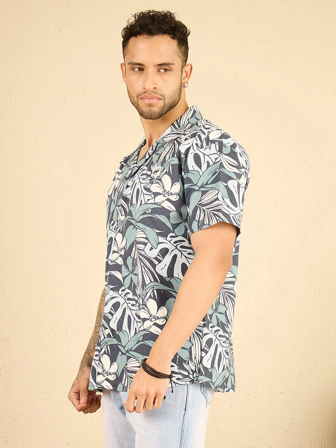 Navy Floral Linen Cuban Shirt